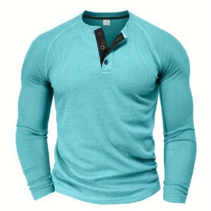 Men's Loose Solid Henley Shirt, Crew Neck Half Button Long Sleeve Shirt For Spring Fall Outdoor Activities