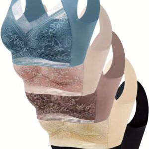 5 Pcs Elegant Floral Lace Wireless Bralette Bra, Comfy & Breathable Full Coverage Push Up Intimates Bra, Women's Lingerie & Underwear