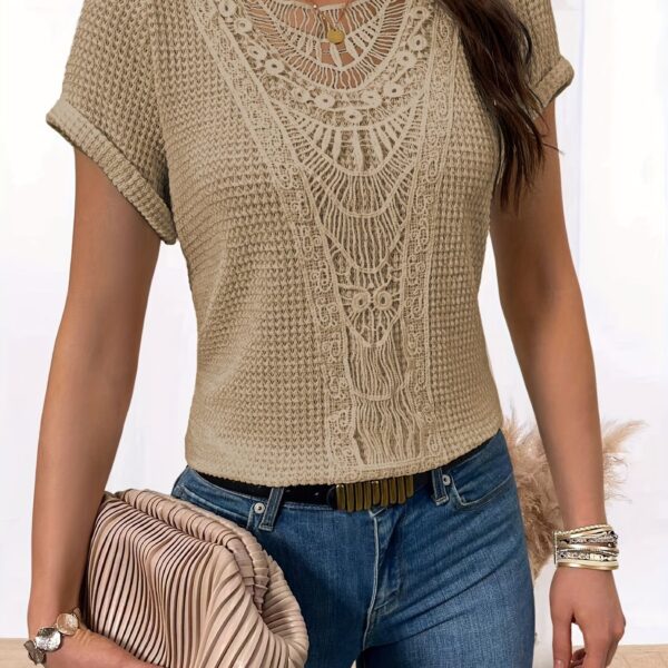 Comfortable Lace Splicing Crew Neck T-shirt, Casual Short Sleeve Top for Spring & Summer, Women's Clothing - Image 14