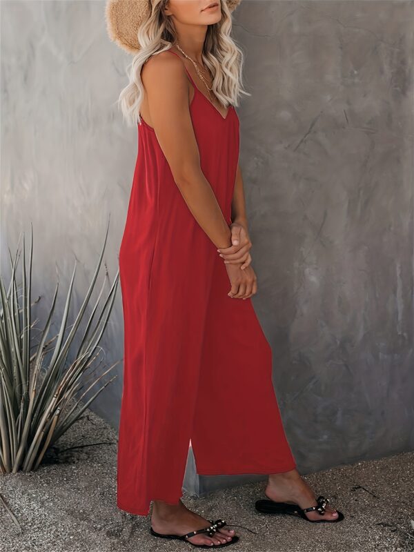 Women'S Light Blue Sleeveless Jumpsuit with Pockets - Casual Polyester Knit Fabric, V-Neck, Summer 2023, Beach Coverup, Beach Coverup Jumpsuit | Casual Style Jumpsuit | Knit Construction - Image 2