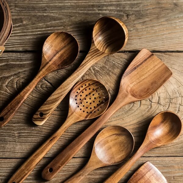 AIUHI 5pcs Wooden Kitchen Utensils Set, Wooden Spoons Natural Spurtle Set for Non-stick Pan Kitchen Tool Ladle and Wok Spatulas - Image 5