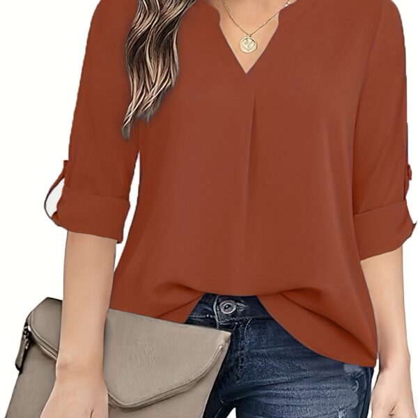 Chic Solid V-Neck Blouse - Fashionable simplicity for Women - Relaxed Casual Long Sleeve Style - Image 17