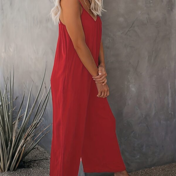 Women'S Light Blue Sleeveless Jumpsuit with Pockets - Casual Polyester Knit Fabric, V-Neck, Summer 2023, Beach Coverup, Beach Coverup Jumpsuit | Casual Style Jumpsuit | Knit Construction - Image 13