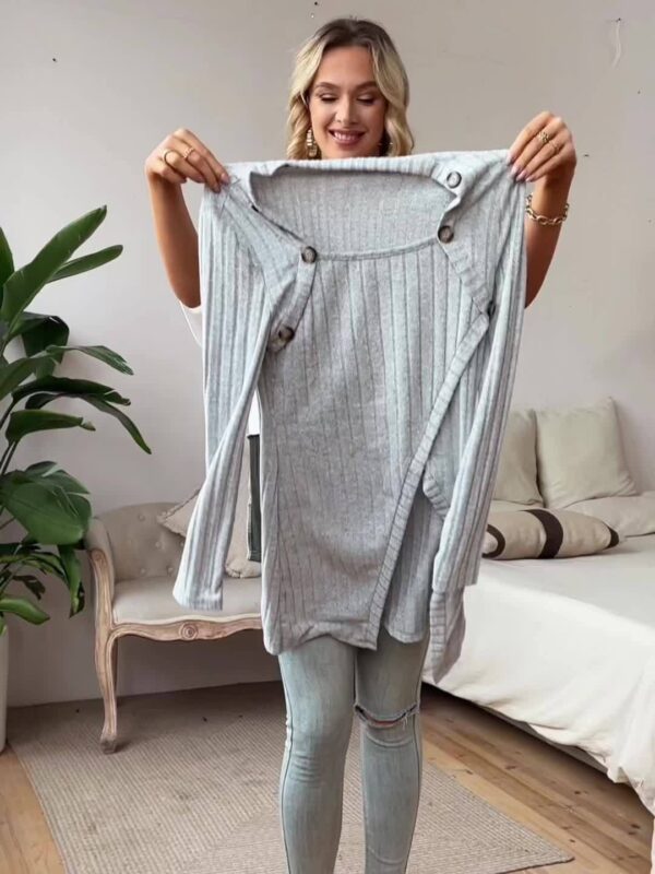 Square Neck Slim Fit Knit Button Decor Slit Hem Slim Fit Casual Long Sleeve T-shirt - Image 12