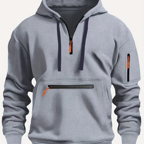 Men's Cozy Solid Color Long Sleeve Hooded Sweatshirt - Soft Casual Wear for Fall/Winter - Kangaroo Pocket, Half-Zip Design, Daily Wear Essential - Image 15