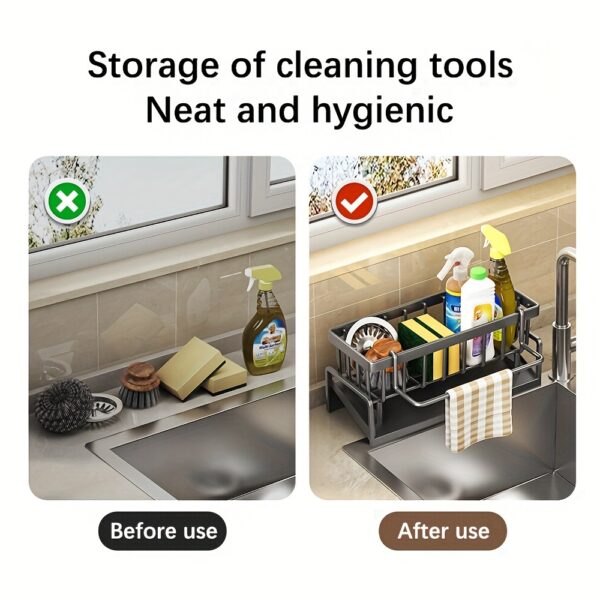 1pc Multifunctional Plastic Dish Cloth and Sponge Holder Rack - Space-Saving Storage with Drip Tray, Rust-Resistant Drainage Stand, and Soap Dispenser Holder - Black Kitchen Sink Caddy Organizer for Home and Kitchen - Image 2