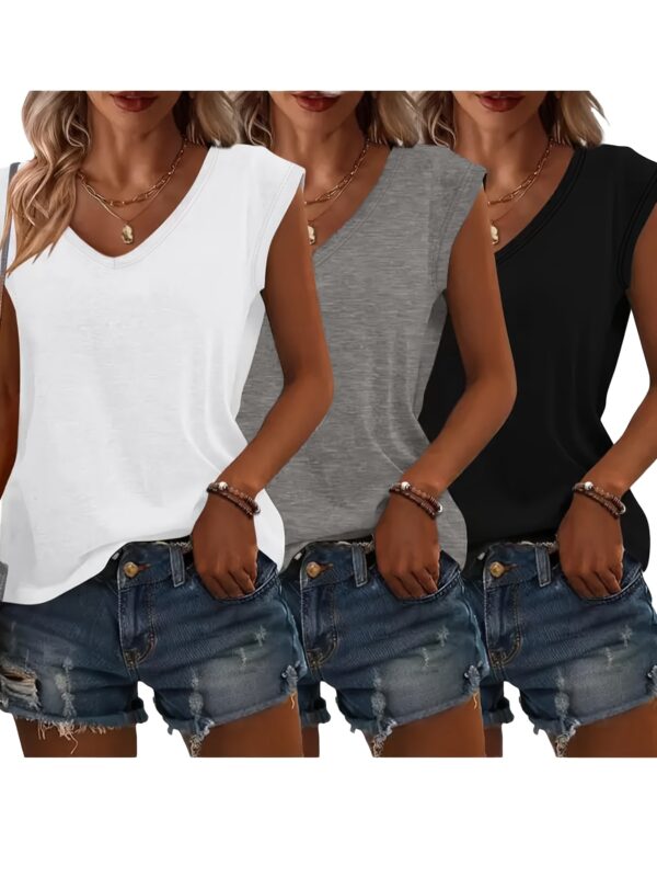 3pcs Women's Casual V-Neck Short Sleeve T-Shirts - Lightweight Summer Tops in Pink, Blue, Grey | Breathable Solid Color Tees for Casual Attire, Relaxed Fit Clothing, Versatile Fashion, Soft Texture, Warm Weather Outfits, Simple Design, Comfortable Materia - Image 3