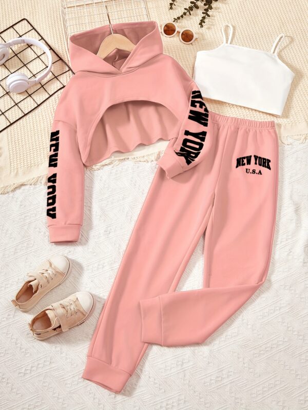 3pcs Girl's Crop Hoodie & Cami Top & Sweatpants Set, NEW YORK Print, Long Sleeve, Casual, Trendy Outfit for Spring Fall Winter - Image 4