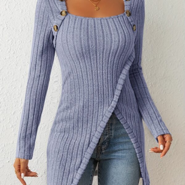 Square Neck Slim Fit Knit Button Decor Slit Hem Slim Fit Casual Long Sleeve T-shirt - Image 16