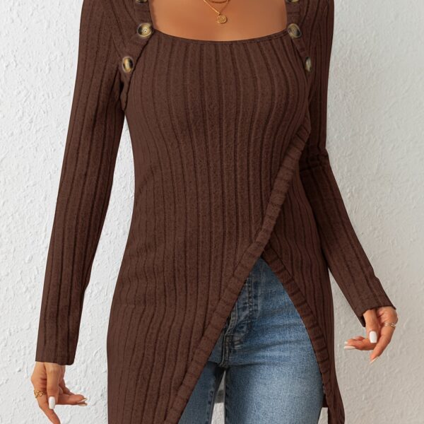 Square Neck Slim Fit Knit Button Decor Slit Hem Slim Fit Casual Long Sleeve T-shirt - Image 23