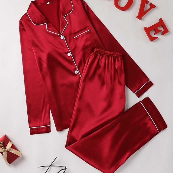 Solid Pajama Set, Long Sleeve Button Up Lapel Top & Pants Pj Set, Women's Sleepwear & Loungewear - Image 23