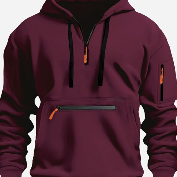 Men's Cozy Solid Color Long Sleeve Hooded Sweatshirt - Soft Casual Wear for Fall/Winter - Kangaroo Pocket, Half-Zip Design, Daily Wear Essential - Image 18