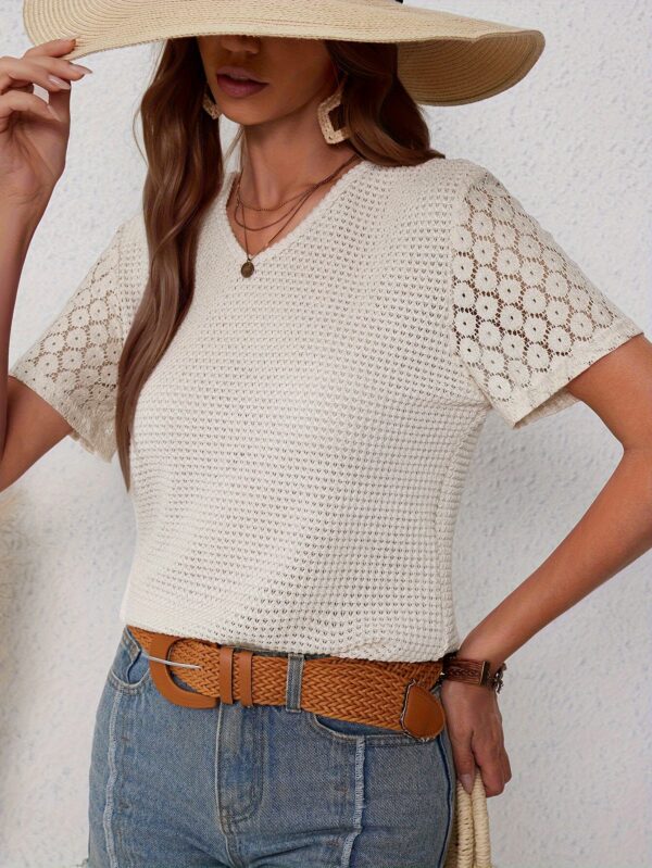 Feminine Chic Contrast Lace T-Shirt with Intricate Hollow Out - Short Sleeve V-Neck for Spring & Summer - Breathable Casual Wear for Women - Image 5