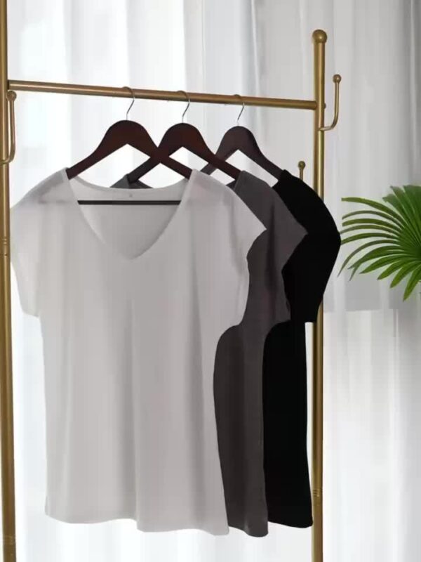 3pcs Women's Casual V-Neck Short Sleeve T-Shirts - Lightweight Summer Tops in Pink, Blue, Grey | Breathable Solid Color Tees for Casual Attire, Relaxed Fit Clothing, Versatile Fashion, Soft Texture, Warm Weather Outfits, Simple Design, Comfortable Materia - Image 11