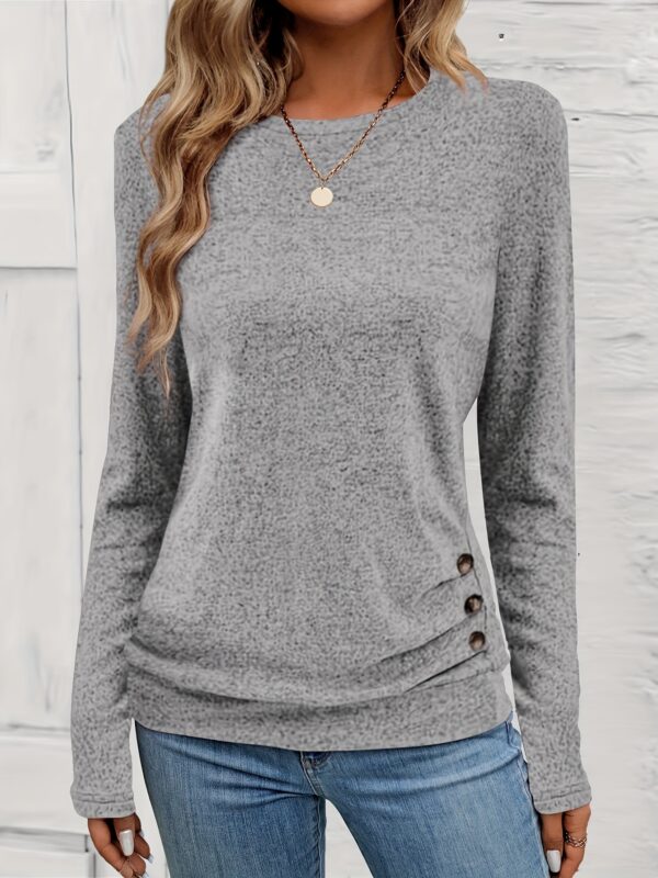 Elegant Long Sleeve Top with Button Detail - Chic Knit, Versatile Solid, Stretch Comfort & Easy Care for Spring/Fall - Image 9