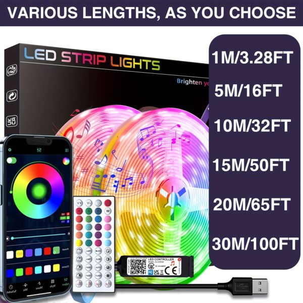 Color Changing Smart LED Strip Lights - HBOWMDJIA 3ft-100ft LED Strip with Music Sync, App Control, Remote, and USB Power - Ideal for Bedroom Ambiance & Party Decorations - Image 2