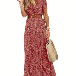 2020 Fashion, Trendy Bohemian Printed V-Neck Maxi Dress with Belt, Adult, Polyester, Elegant, Summer, Peplum, Woven