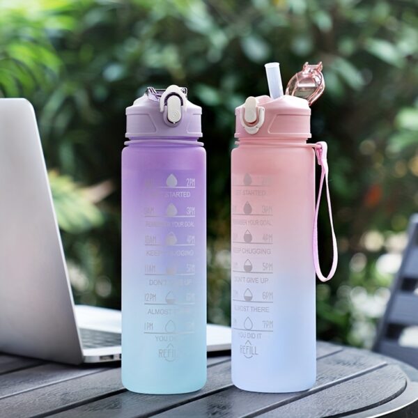 Gradient Color Motivational Water Bottle - Time Marker, Leakproof, BPA-Free Plastic, Cute Stickers Included, Perfect for Camping, Dining, Drafting - Stay Hydrated and Focused! - Image 3