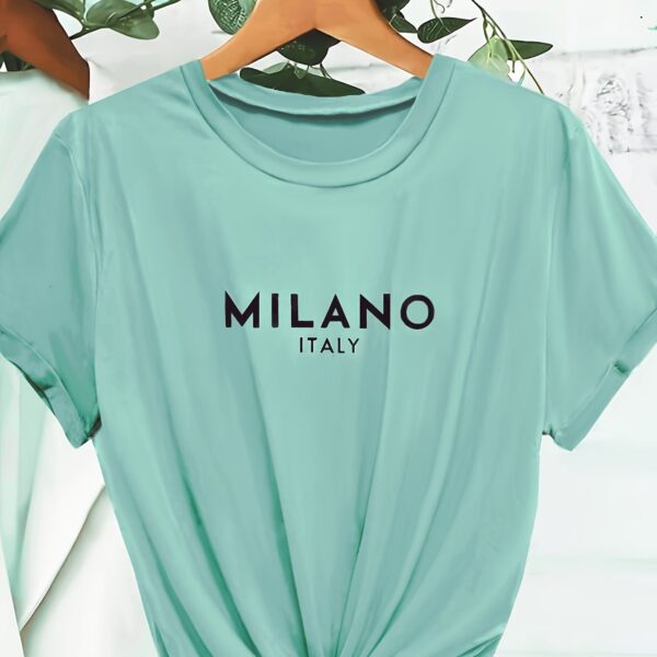 Milano Letter Print T-shirt, Casual Crew Neck Short Sleeve Top For Spring & Summer, Women's Clothing - Image 14