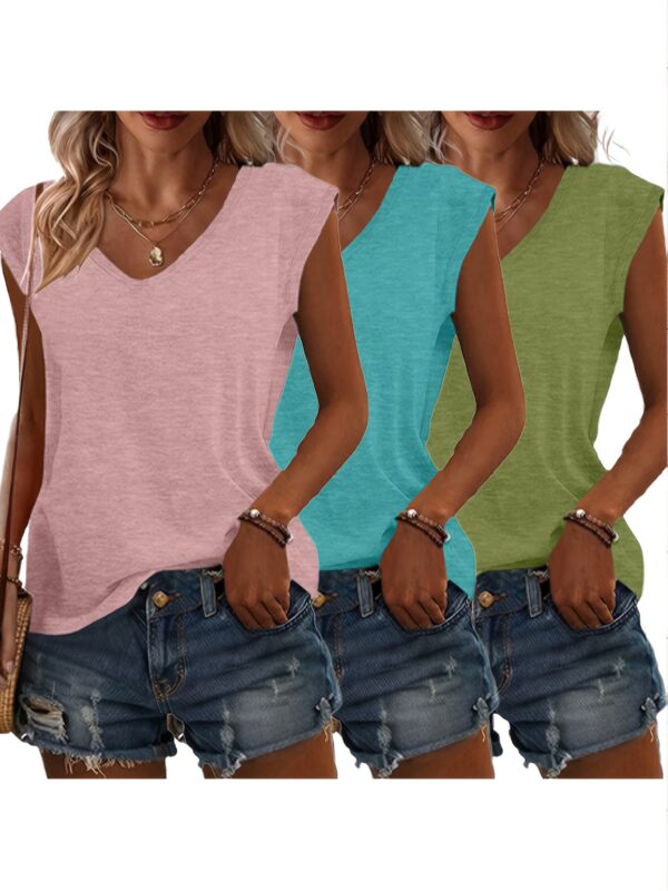 3pcs Women's Casual V-Neck Short Sleeve T-Shirts - Lightweight Summer Tops in Pink, Blue, Grey | Breathable Solid Color Tees for Casual Attire, Relaxed Fit Clothing, Versatile Fashion, Soft Texture, Warm Weather Outfits, Simple Design, Comfortable Materia - Image 8