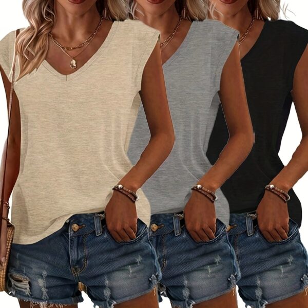 3pcs Women's Casual V-Neck Short Sleeve T-Shirts - Lightweight Summer Tops in Pink, Blue, Grey | Breathable Solid Color Tees for Casual Attire, Relaxed Fit Clothing, Versatile Fashion, Soft Texture, Warm Weather Outfits, Simple Design, Comfortable Materia - Image 19