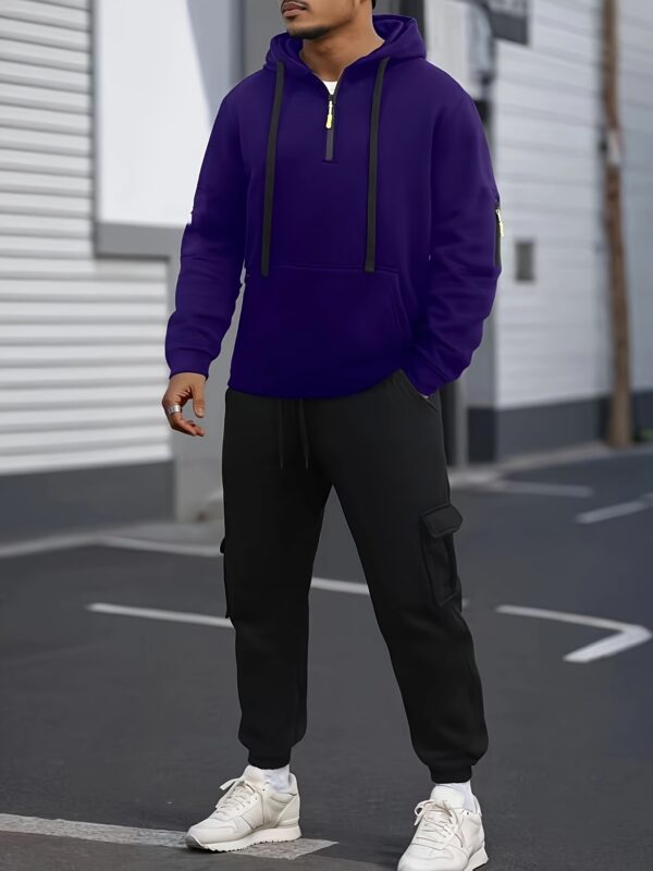 Men's Cozy Solid Color Long Sleeve Hooded Sweatshirt - Soft Casual Wear for Fall/Winter - Kangaroo Pocket, Half-Zip Design, Daily Wear Essential