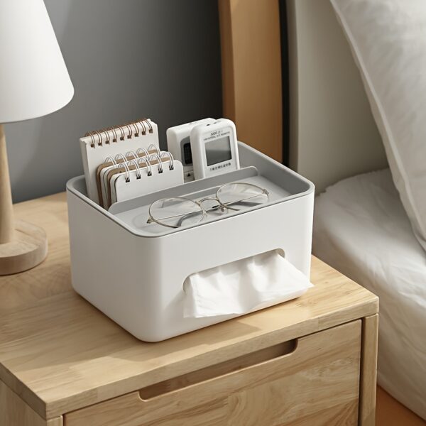 1pc Versatile Desk Organizer with Tissue Holder & Drawer – Sleek Remote Control & Accessory Caddy for Home Office Efficiency - Image 2