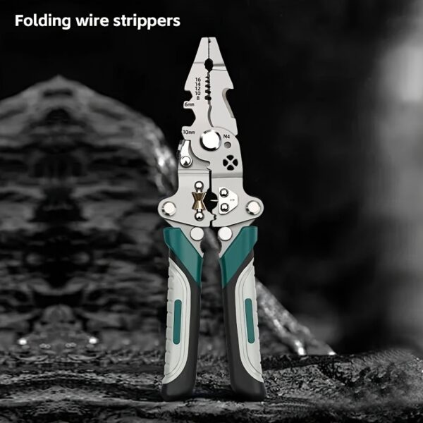 Foldable Multi-Tool Pliers for Electricians - Durable High Carbon Steel with Wire Strippers, Cutters, and Crimper - Compact Design for On-the-Go Electrical Work - Green & Gray Handles, Versatile Strippers | Ergonomic Handles | Multifunctional Tool - Image 3
