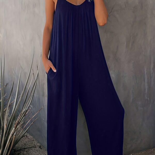 Women'S Light Blue Sleeveless Jumpsuit with Pockets - Casual Polyester Knit Fabric, V-Neck, Summer 2023, Beach Coverup, Beach Coverup Jumpsuit | Casual Style Jumpsuit | Knit Construction - Image 17