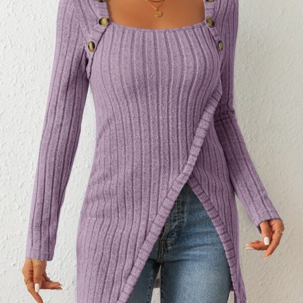 Square Neck Slim Fit Knit Button Decor Slit Hem Slim Fit Casual Long Sleeve T-shirt - Image 22