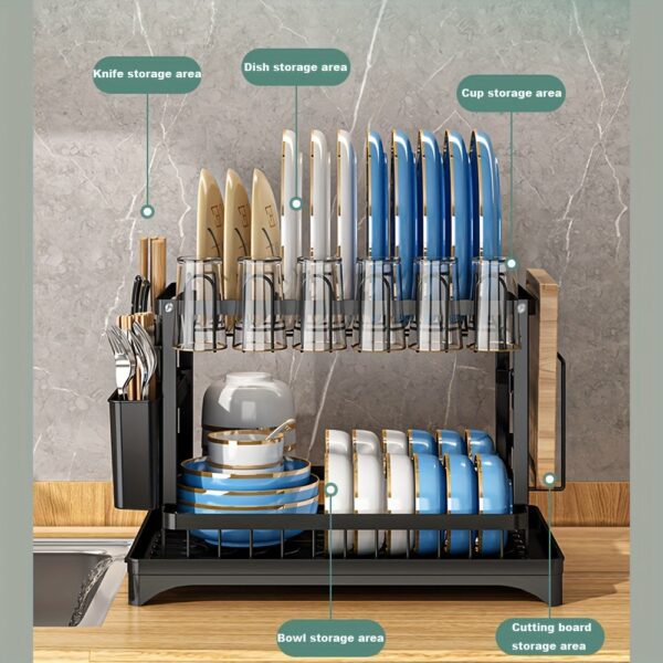 1pc Dish Drying Rack for Kitchen Counter Over The Sink, Detachable Larger Capacity 2-Tier Dish Drying Rack Drainboard with Double-Layer Bowl Rack, Cup Rack, Drain Board, Sticky Board Rack, Cutlery Rack, Black & White - Image 13