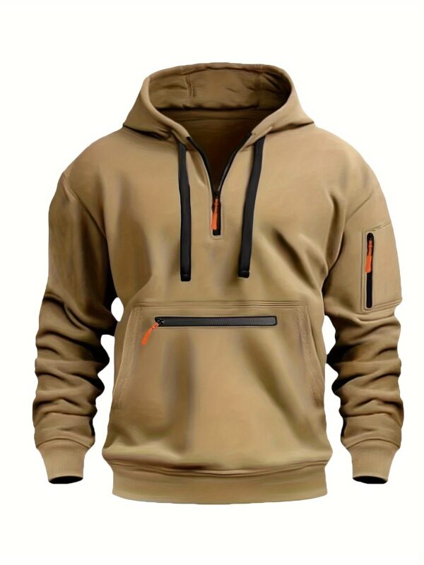 Men's Cozy Solid Color Long Sleeve Hooded Sweatshirt - Soft Casual Wear for Fall/Winter - Kangaroo Pocket, Half-Zip Design, Daily Wear Essential - Image 9