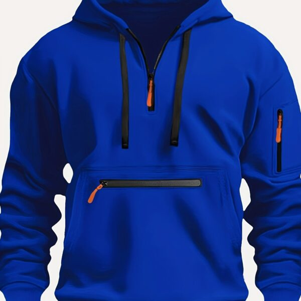 Men's Cozy Solid Color Long Sleeve Hooded Sweatshirt - Soft Casual Wear for Fall/Winter - Kangaroo Pocket, Half-Zip Design, Daily Wear Essential - Image 19