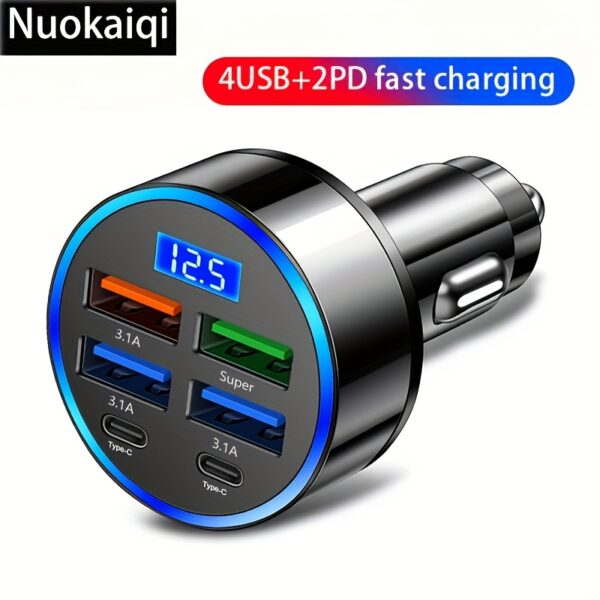 Multi-function Super Fast Charger for Car, One-to-Six Charging with Digital Display and Pressure Measurement, Mobile Phone Charging Conversion Plug, Universal for Cars and Trucks 12-24V