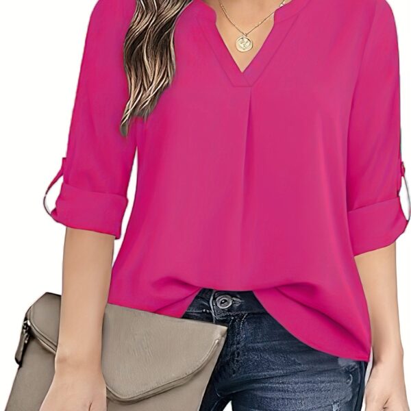 Chic Solid V-Neck Blouse - Fashionable simplicity for Women - Relaxed Casual Long Sleeve Style - Image 18