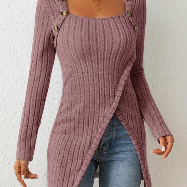 Square Neck Slim Fit Knit Button Decor Slit Hem Slim Fit Casual Long Sleeve T-shirt - Image 18