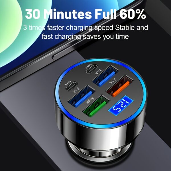 Multi-function Super Fast Charger for Car, One-to-Six Charging with Digital Display and Pressure Measurement, Mobile Phone Charging Conversion Plug, Universal for Cars and Trucks 12-24V - Image 4