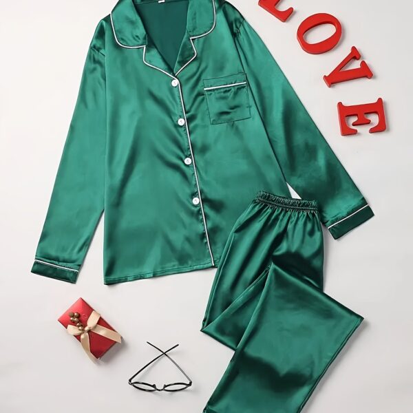 Solid Pajama Set, Long Sleeve Button Up Lapel Top & Pants Pj Set, Women's Sleepwear & Loungewear - Image 12