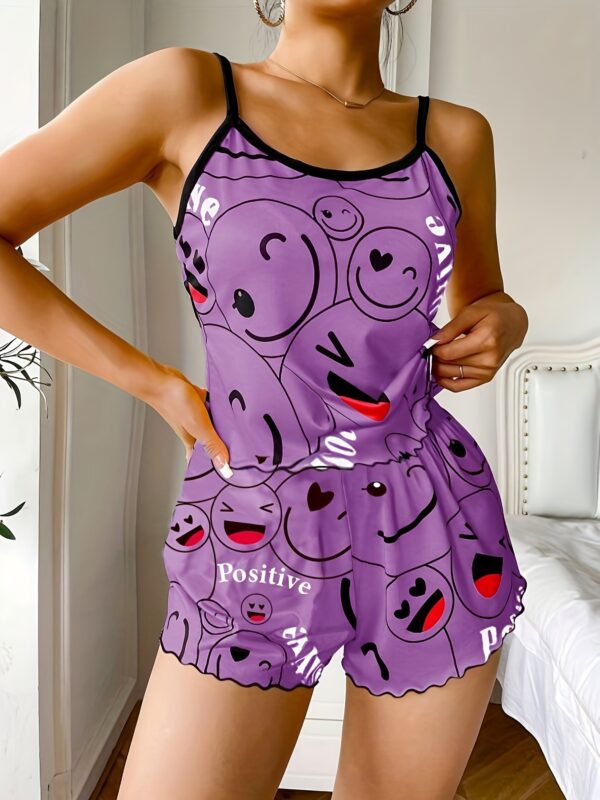 Smiling Face Print Pajama Set, Cute Round Neck Backless Cami Top & Elastic Shorts, Women's Sleepwear - Image 10