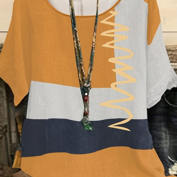 Plus Size Boho T-shirt, Women's Plus Graphic Print Short Sleeve Round Neck Medium Stretch T-shirt - Image 12