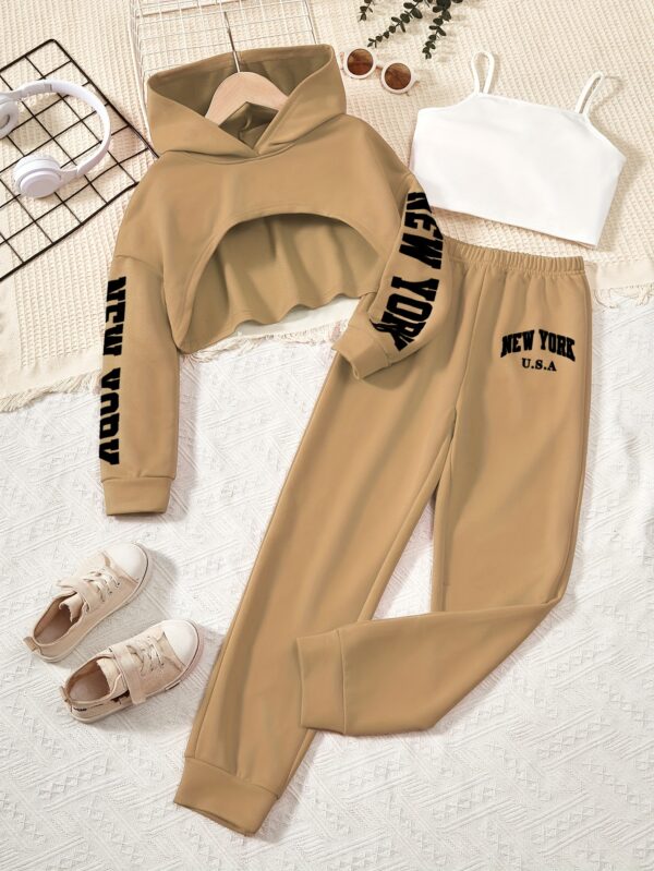 3pcs Girl's Crop Hoodie & Cami Top & Sweatpants Set, NEW YORK Print, Long Sleeve, Casual, Trendy Outfit for Spring Fall Winter - Image 6