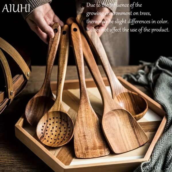 AIUHI 5pcs Wooden Kitchen Utensils Set, Wooden Spoons Natural Spurtle Set for Non-stick Pan Kitchen Tool Ladle and Wok Spatulas - Image 3