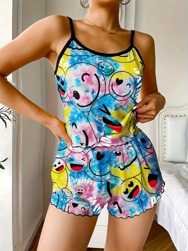 Smiling Face Print Pajama Set, Cute Round Neck Backless Cami Top & Elastic Shorts, Women's Sleepwear - Image 2