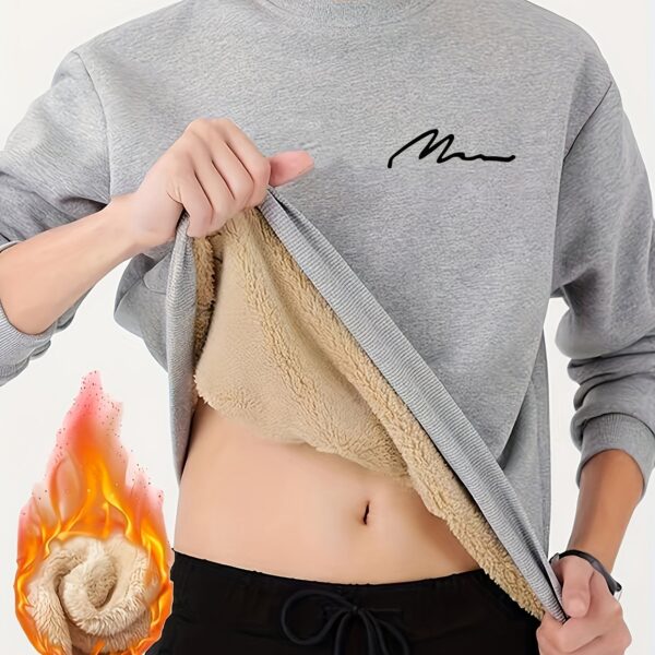Men's Winter Warm Fleece-Lined Crew Neck Sweatshirt - Casual Black Long Sleeve with "MOM" Embroidery, Machine Washable, Cozy Polyester Fabric - Image 12