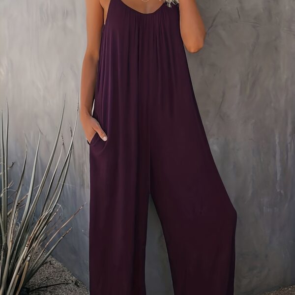 Women'S Light Blue Sleeveless Jumpsuit with Pockets - Casual Polyester Knit Fabric, V-Neck, Summer 2023, Beach Coverup, Beach Coverup Jumpsuit | Casual Style Jumpsuit | Knit Construction - Image 14