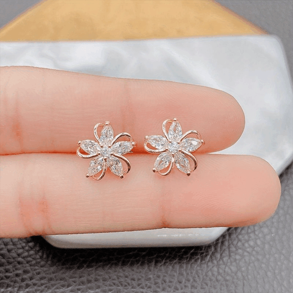 Charming Copper Flower Design Synthetic Zirconia Inlaid Stud Earrings Sparkling Petal Stud Earrings - Image 4