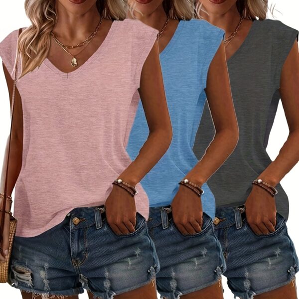 3pcs Women's Casual V-Neck Short Sleeve T-Shirts - Lightweight Summer Tops in Pink, Blue, Grey | Breathable Solid Color Tees for Casual Attire, Relaxed Fit Clothing, Versatile Fashion, Soft Texture, Warm Weather Outfits, Simple Design, Comfortable Materia - Image 21