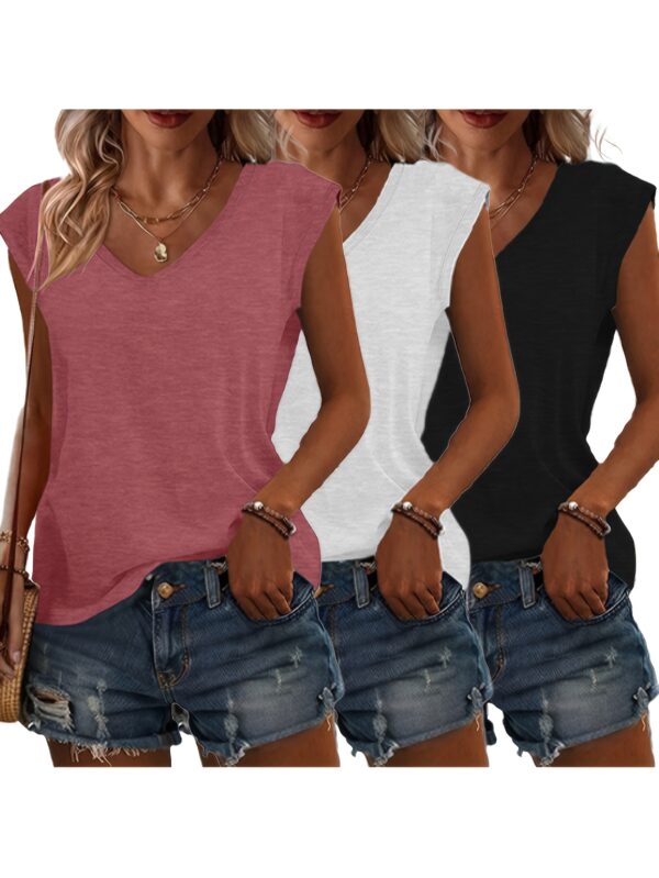 3pcs Women's Casual V-Neck Short Sleeve T-Shirts - Lightweight Summer Tops in Pink, Blue, Grey | Breathable Solid Color Tees for Casual Attire, Relaxed Fit Clothing, Versatile Fashion, Soft Texture, Warm Weather Outfits, Simple Design, Comfortable Materia - Image 6