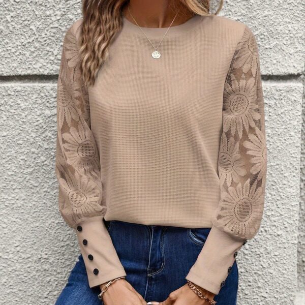 Elegant Floral Lace Crew Neck Long Sleeve T-Shirt - Soft Micro Elastic Polyester Fabric, Contrast Lace Details, Solid Color, Regular Length, Perfect for Spring & Fall - Womens Classic Knit Top - Image 12