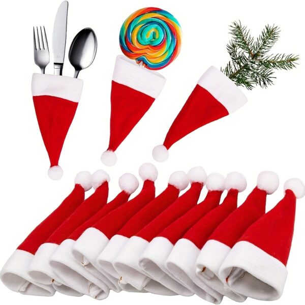 10pcs, Christmas Knife And Fork Small Hat, 6*12cm Red Mini Christmas Hat, Wine Bottle Knife And Fork Table Decoration, Suitable For Winter Christmas And All Seasons, Furry Christmas Accessories, Kitchen Accessories, Kitchen Dining Decoration - Image 4